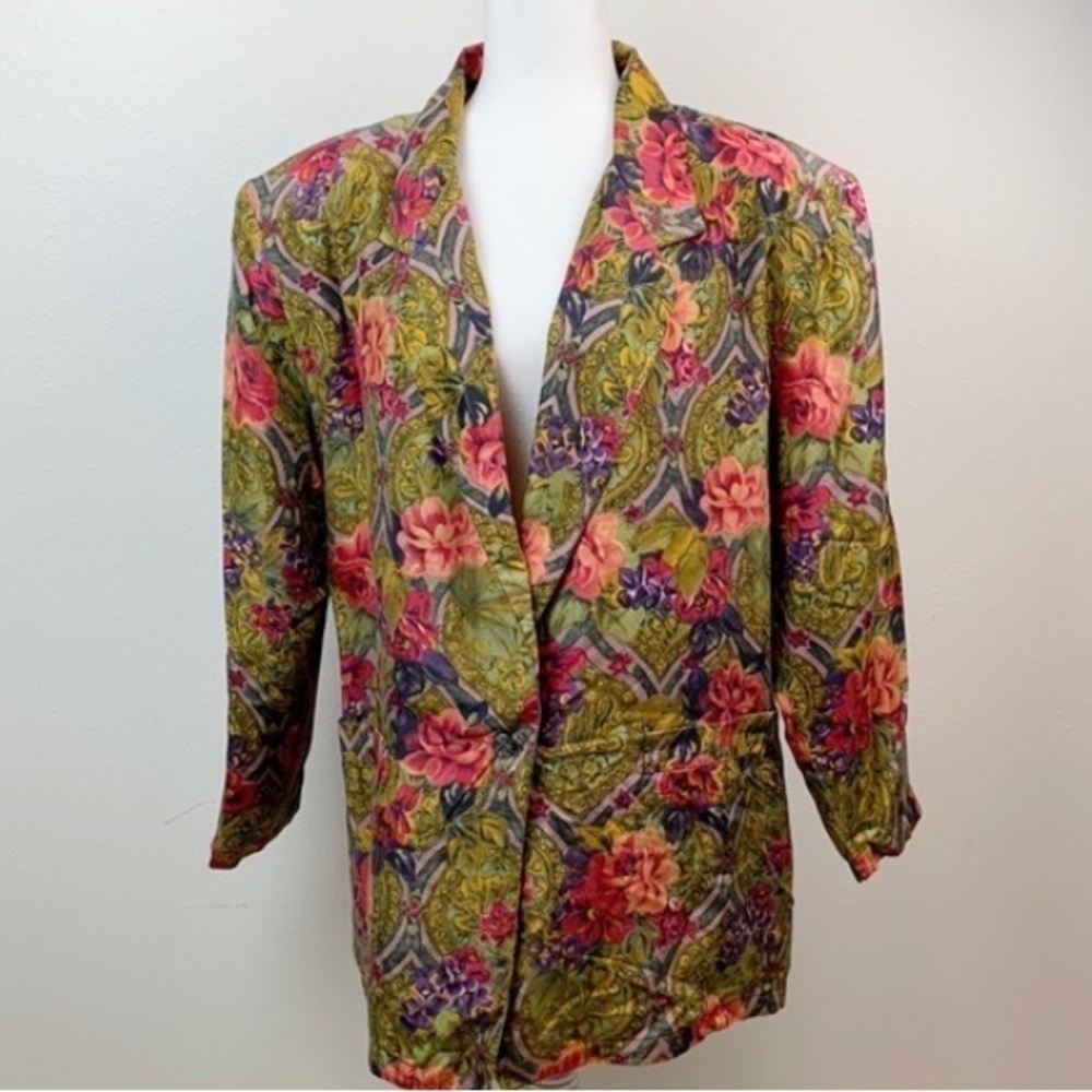 Vintage 90s Robert Stock silk floral print blazer one button, fully lined EUC